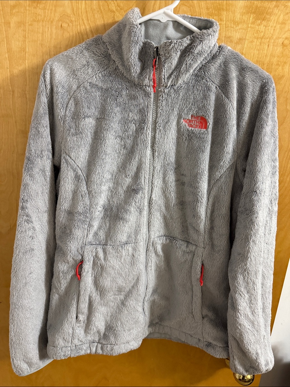 The North Face Osito Light Gray Plush Full-Zip Jacket with Red Logo Accents